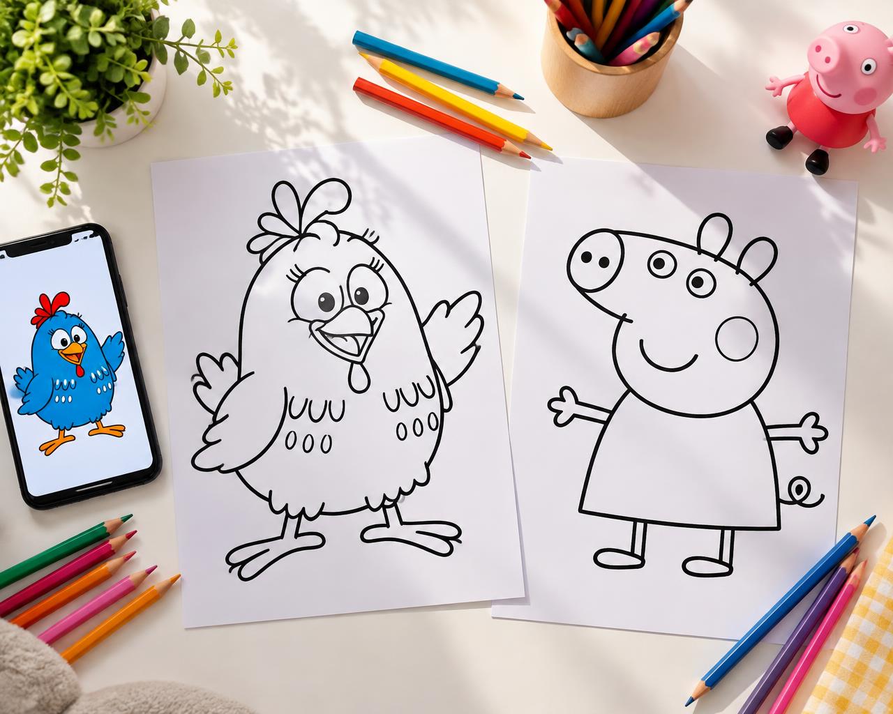 Folhas impressas para colorir, lápis de cor e referência no celular